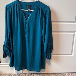 INC International Concepts Blue Blouse with V-Neck and 3/4 Sleeves